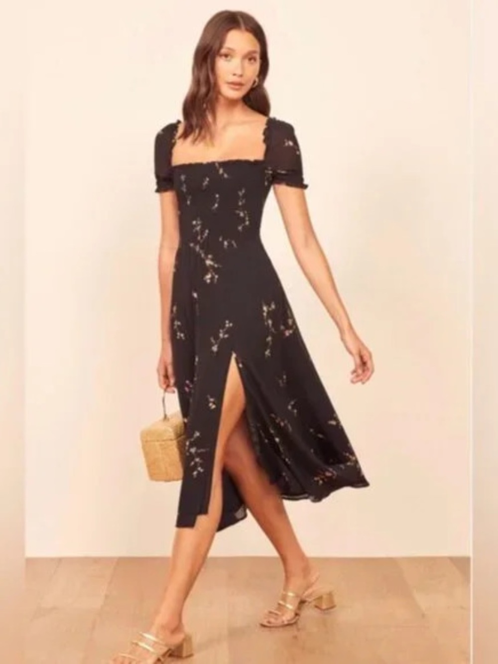 Reformation | Inka Floral Smocked Slit Midi Dress Sheer Cap Ruffle Sleeves M